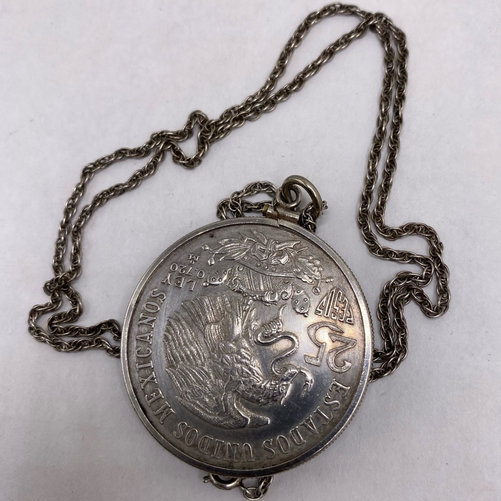 1968 Vintage Sterling Necklace Mexican Olympics 25 Peso Coin in Wrap 24” Chain - Picture 10 of 14